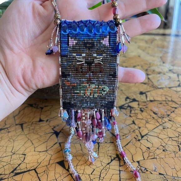 Hand Woven Bead Pouch Necklace Reversible Hummingbird Cat Cottage Boho Trinket - Picture 8 of 16
